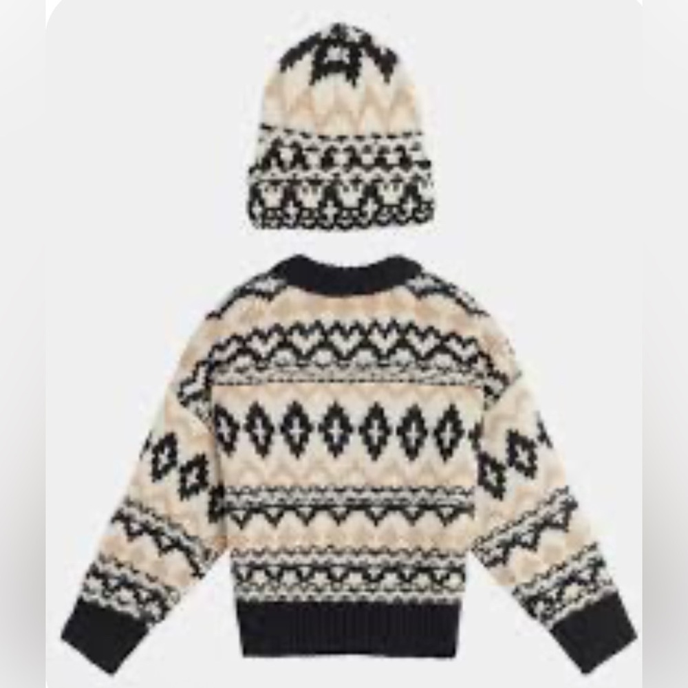 Favorite Daughter Kids Black and Cream Patterned Sweater and Hat Set matching  M
